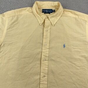 VTG Ralph Lauren Shirt Mens XL Yellow Classic Fit Seersucker Short Sleeve Pony